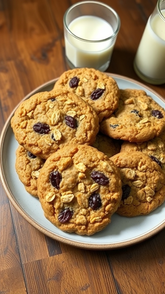 A plate of chewy oatmeal raisin cookies with raisins, served with a glass of milk on a wooden table.